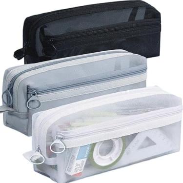 Imagem de Estojo Escolar, Bolsa de Armazenamento para Meninas, Estojo de Lápis de Malha de Grande Capacidade, Bolsa de Lápis Transparente de Dupla(Estilo quadrado de camada dupl)