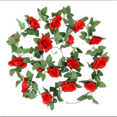 Imagem de Guirlanda de Flores Com Rosas 2m Corda Artificial Decoração cerejeira guirlanda de natal Para decorações de Natal(Vermelho)