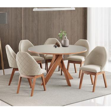 Imagem de Conjunto Sala de Jantar Mesa Mônaco 137cm 6 Poltronas Grecia Madetal - Noce/Nude/Bege