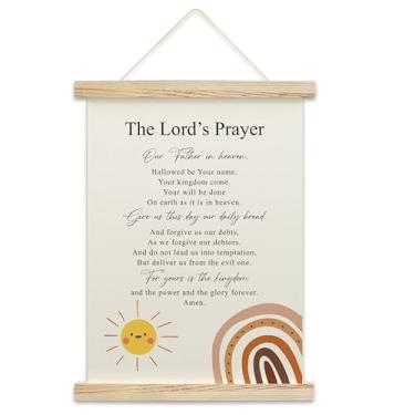 Imagem de OZTEMETY Decoração de parede The Lords Prayer, arte de parede Boho Rainbow Lords Prayer, decoração de casa cristã, versículo bíblico essenciais para sala de orações, arte religiosa para mulheres