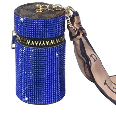 Imagem de MINGZAIQIPEI Estojo de batom brilhante com strass brilhante, suporte de couro para brilho labial, organizador de batom de viagem para bolsa, perfume, esmalte de unha, Azul, Portátil