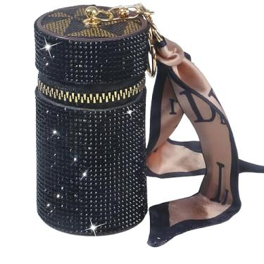 Imagem de MINGZAIQIPEI Estojo de batom brilhante com strass brilhante, suporte de couro para brilho labial, organizador de batom de viagem para bolsa, perfume, esmalte de unha, Preto, Portátil