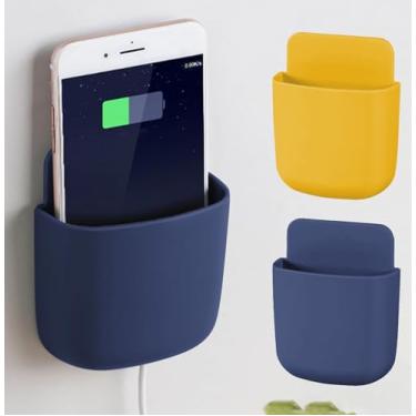 Imagem de 2 peças de caixa de armazenamento de controle montada na parede para sala de estar ou quarto, caixa pequena para telefone e acessórios, azul, amarelo