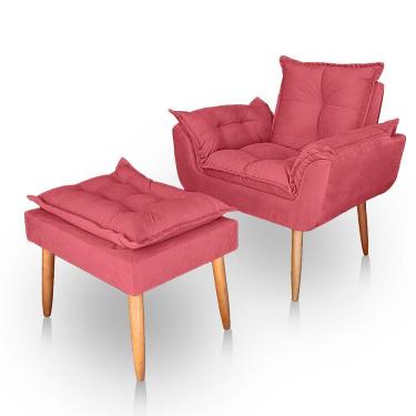 Imagem de Poltrona Opala Para Sala Com Puff Reforçada Suede Rosa