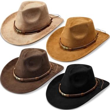 Imagem de Geyoga Pacote com 4 chapéus de cowboy para mulheres e homens, chapéu de camurça ocidental, boné panamá, boné de cowboy e cowgirl, aba larga de feltro de Halloween