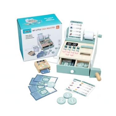Imagem de Caixa Registradora de Madeira Infantil, Verde Menta, com Display Digital, Notas e Moedas, Lista de Compras, Cartão de Crédito, para Crianças Acima de 3 Anos