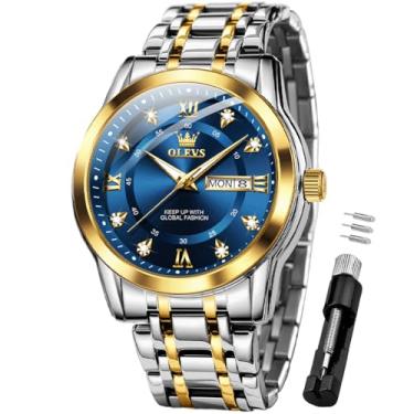 Imagem de OLEVS Relógio de pulso masculino azul para negócios, diamante, analógico, fácil leitura, à prova d'água, luminoso, calendário, mostrador azul, comprimento masculino