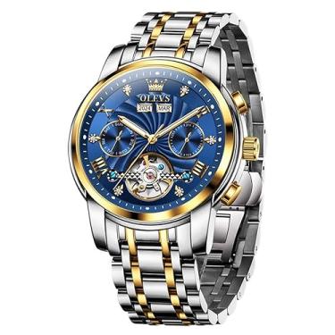 Imagem de OLEVS Relógios mecânicos automáticos masculinos luxuosos, relógio de pulso de diamante, dourado, azul, esqueleto, turbilhão, aço inoxidável