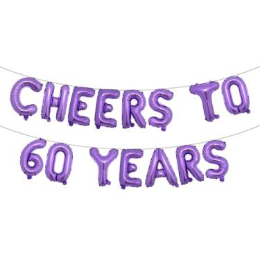 Imagem de Cheers to 60 Years Banner Foil 60º aniversário balão decorações de festa para ele/ela 60 anos decorações de aniversário suprimentos de festa de casamento para homens/mulheres (CHEERS TO 60 ANOS Roxo)