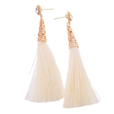 Imagem de barenx Brincos femininos de cristal, vintage, longo, franja, franja, boho, liso