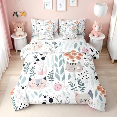 Imagem de Erosebridal Jogo de cama casal infantil com estampa de pata de gato, 7 peças, para meninas, rosa, floral, verde, lençol com elástico + lençol de cima, conjunto de cama kawaii, para decoração de quarto