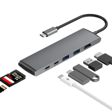 Imagem de Hub USB-C 7 em 1 com HDMI 4K - carregamento PD de 100 W, USB 3.0 de 5 Gbps, leitor de cartão SD/TF para MacBook Pro/Air, iPad, Surface Laptop (cinza)