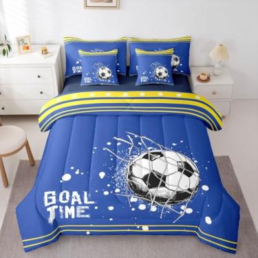 Imagem de Jogo de cama solteiro de futebol americano, 7 peças, para quarto de meninos e adolescentes, conjunto de edredom com lençol de estrelas de polígono, listrado, azul celeste, amarelo (Los Angeles)
