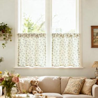 Imagem de VOGOL Cortinas Country Wildflower Cafe, 2 painéis semitransparentes, estampa de flores, tratamento de janela para cozinha, sala de estar ou jantar, cortinas de bolso de varão, 76 x 91 cm