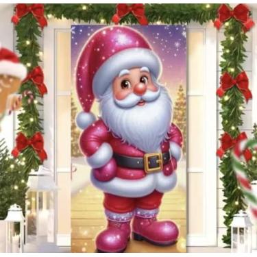 Imagem de Capa para Porta Feliz Natal Rosa com Elástico – Painel Decorativo Feliz Papai Noel Tecido Premiun (2,10 Cms X 0,85 Cms) (26)