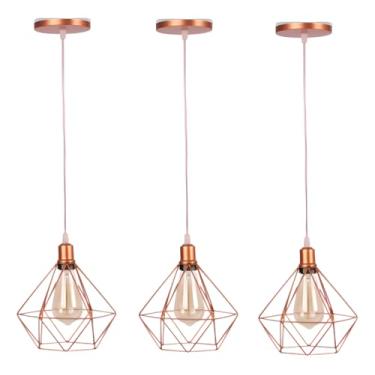 Imagem de 3 Pendentes Diamante Lustre Luminária Aramado Luxo Pirâmide Estrutura Geométrica (Rose Gold (Fio Cristal))