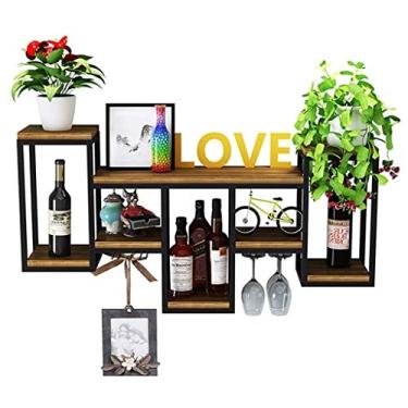 Imagem de Prateleira de exibição organizadora de vinho para cozinha | Prateleiras de metal de madeira para garrafas de vinho | Suporte para taças de vinho