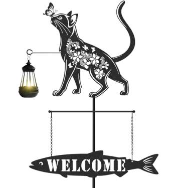 Imagem de LIRAVENO Estacas de jardim para decoração de gatos - Estátuas de metal de gatos ornamentos ao ar livre sinal de boas-vindas com luzes solares borboleta flor silhueta decoração para quintal gramado