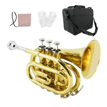 Imagem de ModouString Trompete de bolso Bb com estojo, bocal, pano de limpeza, instrumentos musicais de latão para estudantes e iniciantes (dourado)