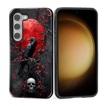 Imagem de MQJCYB Capa para Samsung Galaxy S23, híbrida, resistente, 2 em 1, de corpo inteiro, resistente, à prova de choque, capa brilhante para Samsung Galaxy S23 esqueleto de corvo vermelho e preto