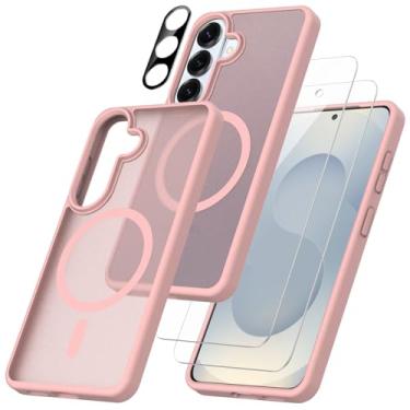 Imagem de Capa magnética para Samsung Galaxy S26 5G com 2 protetores de tela de vidro temperado com 1 protetor de lente de câmera, fosco, translúcido, à prova de choque, para-choque (rosa)