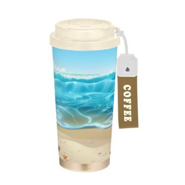 Imagem de SEHANY Caneca de viagem Summer Sea Beach Starfish 482 g Copos de café reutilizáveis revestidos de cerâmica com tampa à prova de vazamento, parede dupla, isolamento a vácuo, copo de café de aço