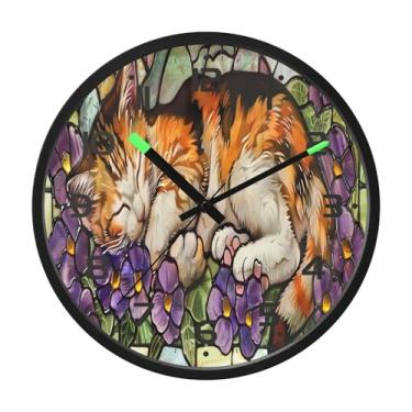 Imagem de SEHANY Pintura esmaltada de relógio de parede de gato, silencioso, sem tique-taque, relógio redondo operado por bateria, controle de som, luz noturna, relógios de parede para sala de estar, cozinha