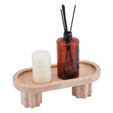 Imagem de UNICRAFTALE Bandeja de travertino natural, bandeja de exibição de joias de mármore com suporte organizador decorativo de vaidade oval de perna dupla para velas de perfume, joias, prato diâmetro