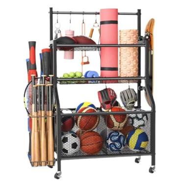 Imagem de SPXMQSS Armazenamento de equipamentos de exercício, organizador de equipamentos esportivos de garagem, rack de armazenamento de bolas, organizador de academia, suporte de tapete de ioga para