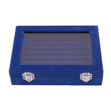 Imagem de Caixa de exibição de joias, organizador de armazenamento de anel de veludo com tampa transparente, 7 espaços, madeira comprimida acrílica para mulheres, presente de dia das mães (Azul)