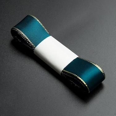 Imagem de Fita de cetim com bordas douradas de 5,46 metros para embrulho de tecido de 2,7 cm para buquê de casamento, laços florais, artesanato, festa, decoração de casa, azul-petróleo