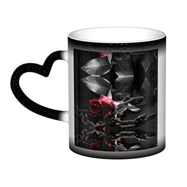 Imagem de Copo de café divertido Gothic Black Roses, copo de cerâmica com mudança de cor sensível ao calor 12 Oz, para café/chá/leite/cacau, para adolescente/aniversário/festival/presentes