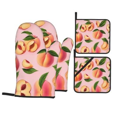 Imagem de Peach - Conjunto de luvas de cozinha estampadas com suportes de tampa, luvas de forno resistentes ao calor para manusear panelas quentes, grelhar, churrascos, kit de 4 peças.