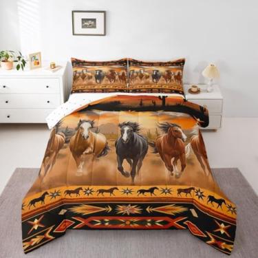 Imagem de jejeloiu Conjunto de edredom de cavalo ocidental, tamanho queen, cavalo galopante, para crianças, meninos, meninas, boêmio, animal selvagem, decoração de quarto, microfibra marrom, 3 peças com 2
