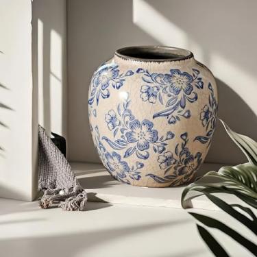Imagem de Vaso de cerâmica azul e branco, vaso de flores decorativo de porcelana chinoiserie vintage para mesa de centro de mesa, decoração de campo francês