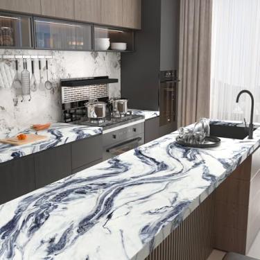 Imagem de FANCYEASY Bancadas de mármore fosco de 39,9 x 299,7 cm, à prova d'água, papel de parede de mármore granito azul branco para quarto, banheiro, filme de vinil removível autoadesivo para forros de