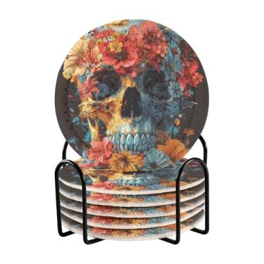 Imagem de Qilmy Conjunto de 6 peças de porta-copos de caveira de flores bonitas ou porta-copos de bar para bebidas, porta-copos de fazenda ou porta-copos de mesa rústicos, porta-copos modernos de algodão para o