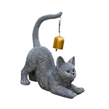 Imagem de Gralara Estátua de gato com sino de vento, escultura de resina, estatueta de gatinho para decoração de exteriores, Cinza