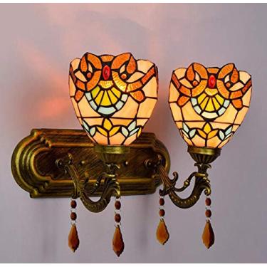 Imagem de Luminária de parede de 2 braços estilo Tiffany, luminária de parede vintage com cúpula de vitral, arandela de parede interna para quarto, sala de estar e corredor, E27, barroca