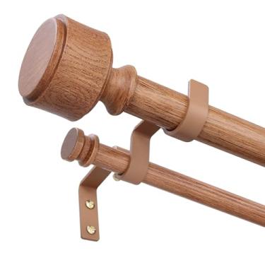 Imagem de Wolistsa Varões de cortina duplos de madeira para janelas de 166 a 300 cm, varão de cortina duplo boho decorativo ajustável de 2,5 cm de comprimento, varão duplo de cortina de fazenda com acabamentos