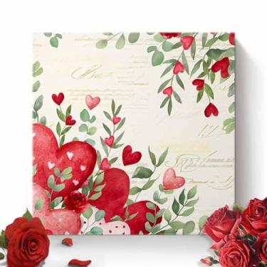 Imagem de Arte de parede em tela emoldurada Dia dos Namorados para sala de estar, decoração de parede de coração de amor, folhas de eucalipto rosa vermelha, pinturas estéticas para quarto, escritório, cozinha