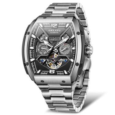 Imagem de OLEVS Relógio masculino automático esqueleto turbilhão automático relógio masculino luxuoso cristal safira à prova d'água quadrado grande mostrador mecânico, 6013: prata e preto