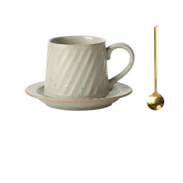 Imagem de Caneca de chá Caneca de cerâmica listrada retrô latte simples europeia café feito à mão cinza com pires e colher conjunto Xícaras de café