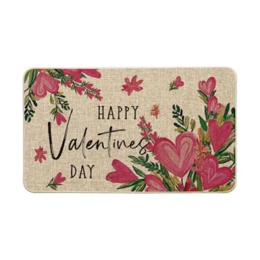 Imagem de Artoid Mode Pinturas a Óleo Coração Flores Feliz Dia dos Namorados, Decoração de Casa Tapete de Porta de Perfil Baixo Tapete Interruptor Tapete para Interior Exterior 43 x 73 cm