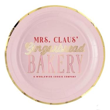 Imagem de Slant Collections Pratos de papel descartáveis redondos para festa de Natal/sobremesa de 8 unidades com borda dourada, 18 cm, padaria rosa Mrs. Claus' Gingerbread Bakery
