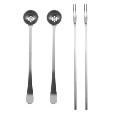 Imagem de RLECS 4 peças colher de oliva com orifícios de drenagem garfo de decapagem de cabo longo apanhador de salada de aço inoxidável prata adequado para cozinhas, sala de jantar, festa, piquenique, reuniões