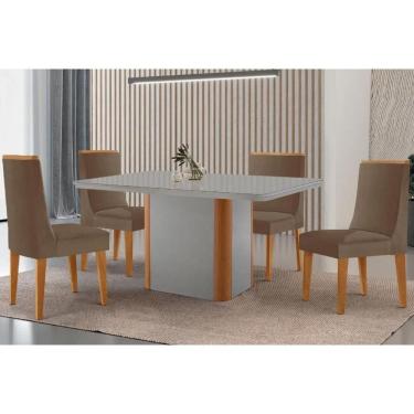Imagem de Sala Jantar Mesa Pietá Tampo c/ Vidro Curvo 120cm+4 Cadeiras Dakota Madeira Naturale/Off White - Capuccino/Suede Capuccino - Rufato