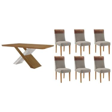 Imagem de Sala Jantar Mesa Imperatriz Tampo Curvo 180cm+6 Cadeiras Jaspe Madeira Naturale/Off White - Capuccino/Suede Capuccino - Rufato
