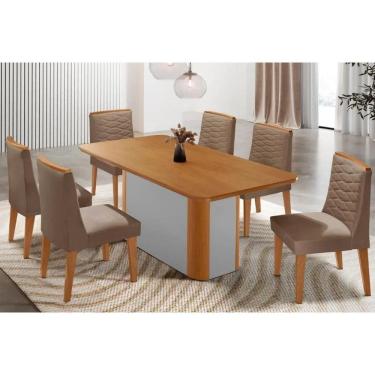 Imagem de Sala Jantar Mesa Pietá Tampo Curvo 180cm+6 Cadeiras Maldivas Madeira Naturale/Off White - Capuccino/Suede Capuccino - Rufato