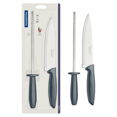 Imagem de Jogo Faca/Chaira Inox 2 Peças Plenus Cinza Tramontina